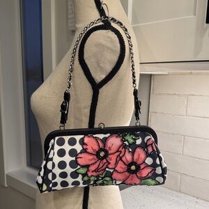 Isabella Fiore Floral Textile Leather Trim Beaded Polka Dot Shoulder Bag Handbag